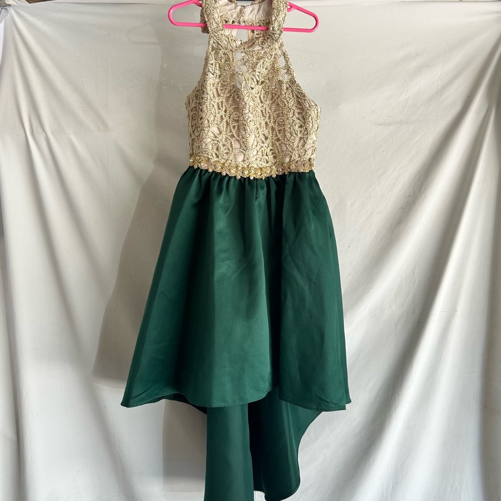 Rare Editions Girl’s Gold and Pine Green Hi Low Halter Dress | Girls Size 10